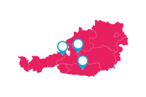 Österreich Karte mit den eingezeichneten Standorten der COOEE alpin Hotels in St. Johann in Tirol, Gosau und Bad Kleinkirchheim.