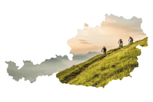 Karte von Österreich mit Bildern von Bikern im Hintergrund.