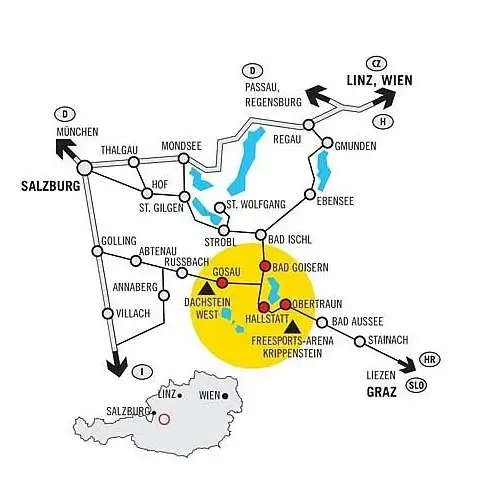 Karte mit allen Stationen für Anreise nach Dachstein