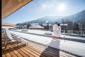 Sun terrace at thermal spa St. Kathrein in winter.
