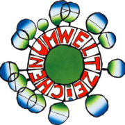 A circular design with a green center and the word "UMWELTZEICHEN" in stylized red letters around it. The outer circle, evoking the beauty of Bad Kleinkirchheim, has blue, green, and white segments connected to abstract bubble-like shapes.