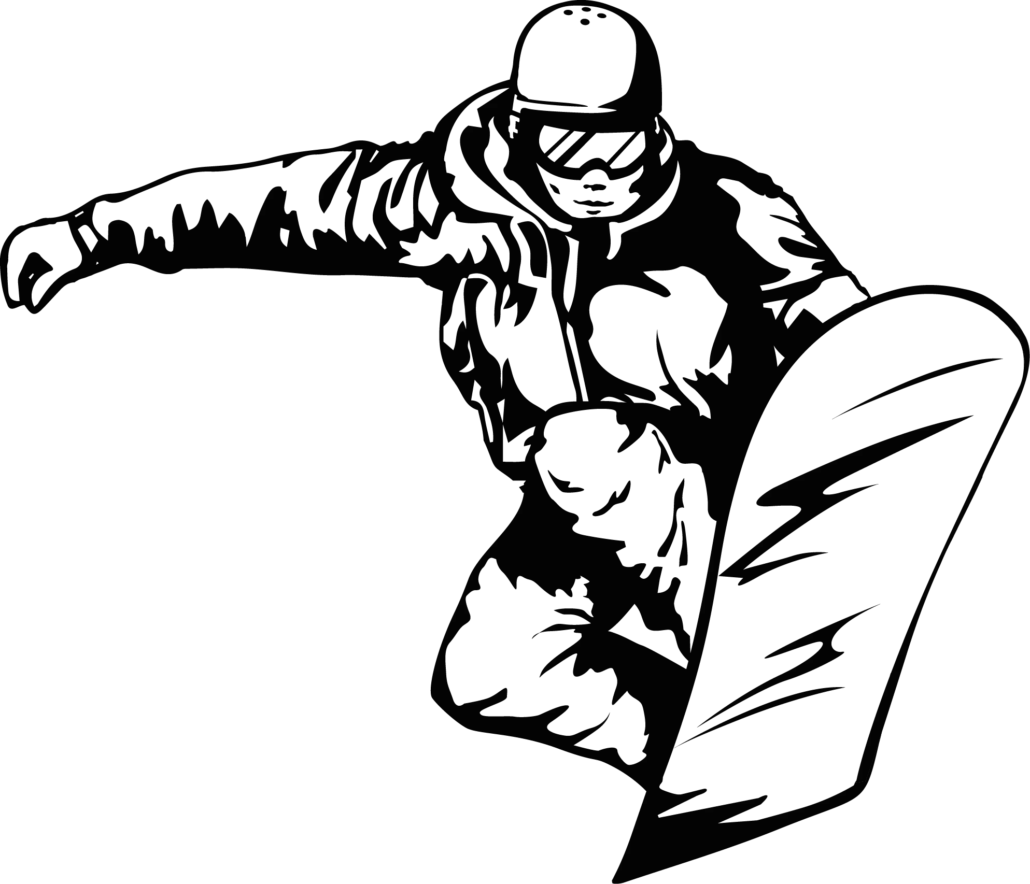 Detailliertes Icon mit einer schwarzen Outline eines Snowboarders beim Sprung.