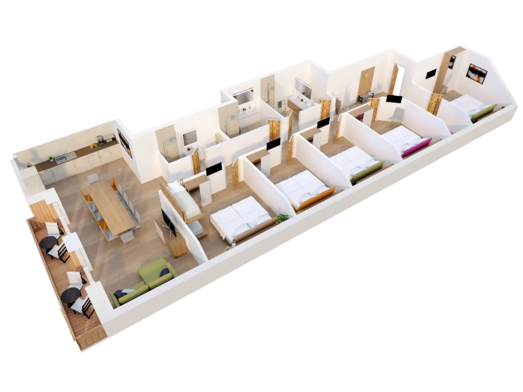 Floor plan for the apartment Gigantos with a kitchen, living area, five bedrooms with double beds, one of them additionally with a bunk bed, three bathrooms and a balcony.