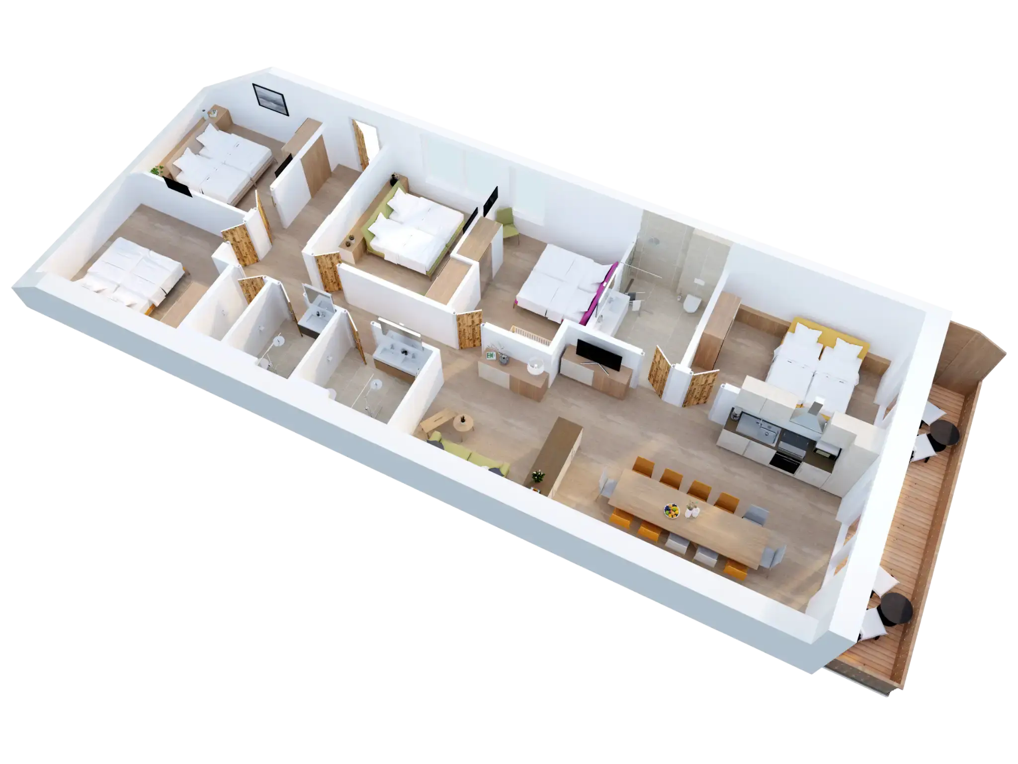 Pianta 3D di un appartamento con 5 camere da letto, soggiorno e sala da pranzo, cucina, balcone e 4 bagni/WC.