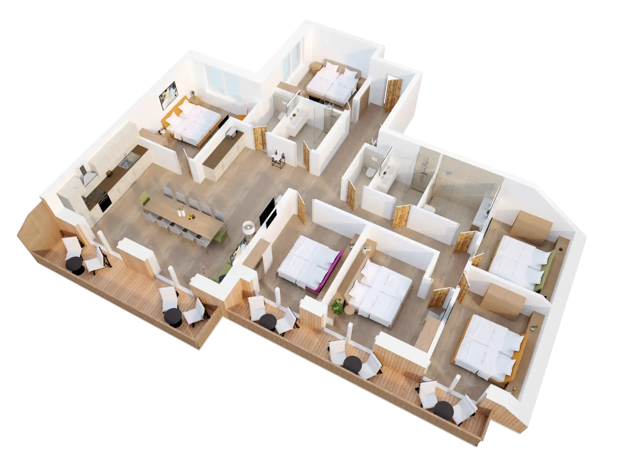 Pianta 3D di un appartamento con 6 camere da letto, soggiorno e zona pranzo, cucina, balcone e 5 bagni/WC.