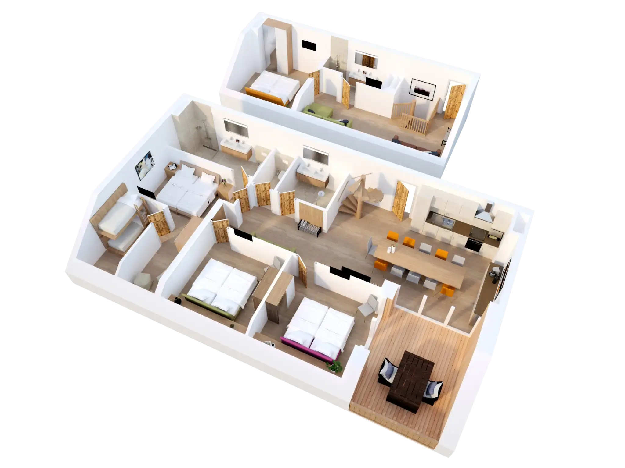Pianta 3D di un appartamento su due piani con un totale di 4 camere da letto con letti matrimoniali, una camera con letti a castello, soggiorno e zona pranzo, cucina, balcone e 4 bagni/WC.