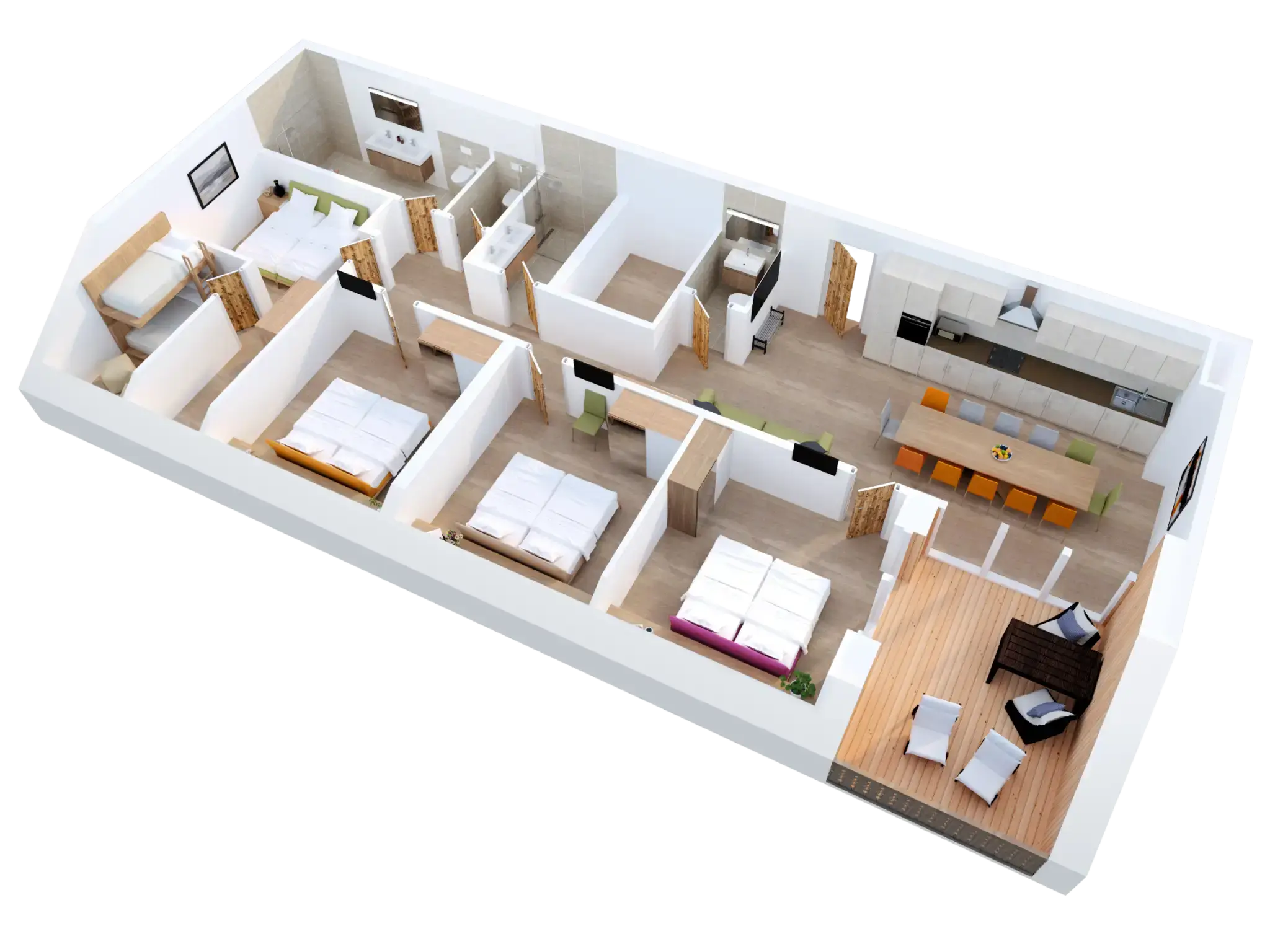 3D Grundriss eines Apartments mit 4 Schlafzimmern, einem Zimmer mit Etagenbett, einem Wohn- und Essbereich, einer Küche, Balkon und 3 Badezimmern/WCs.