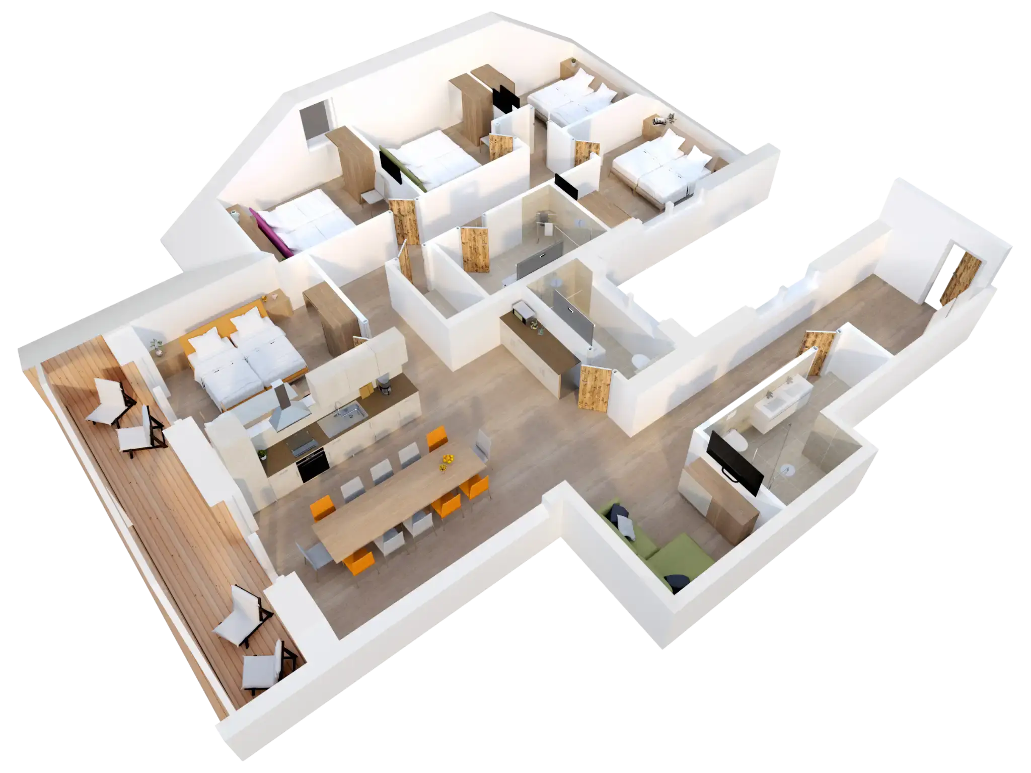 Pianta 3D di un appartamento con 4 camere da letto, una camera con letti a castello, soggiorno e zona pranzo, cucina, balcone e 4 bagni/WC.