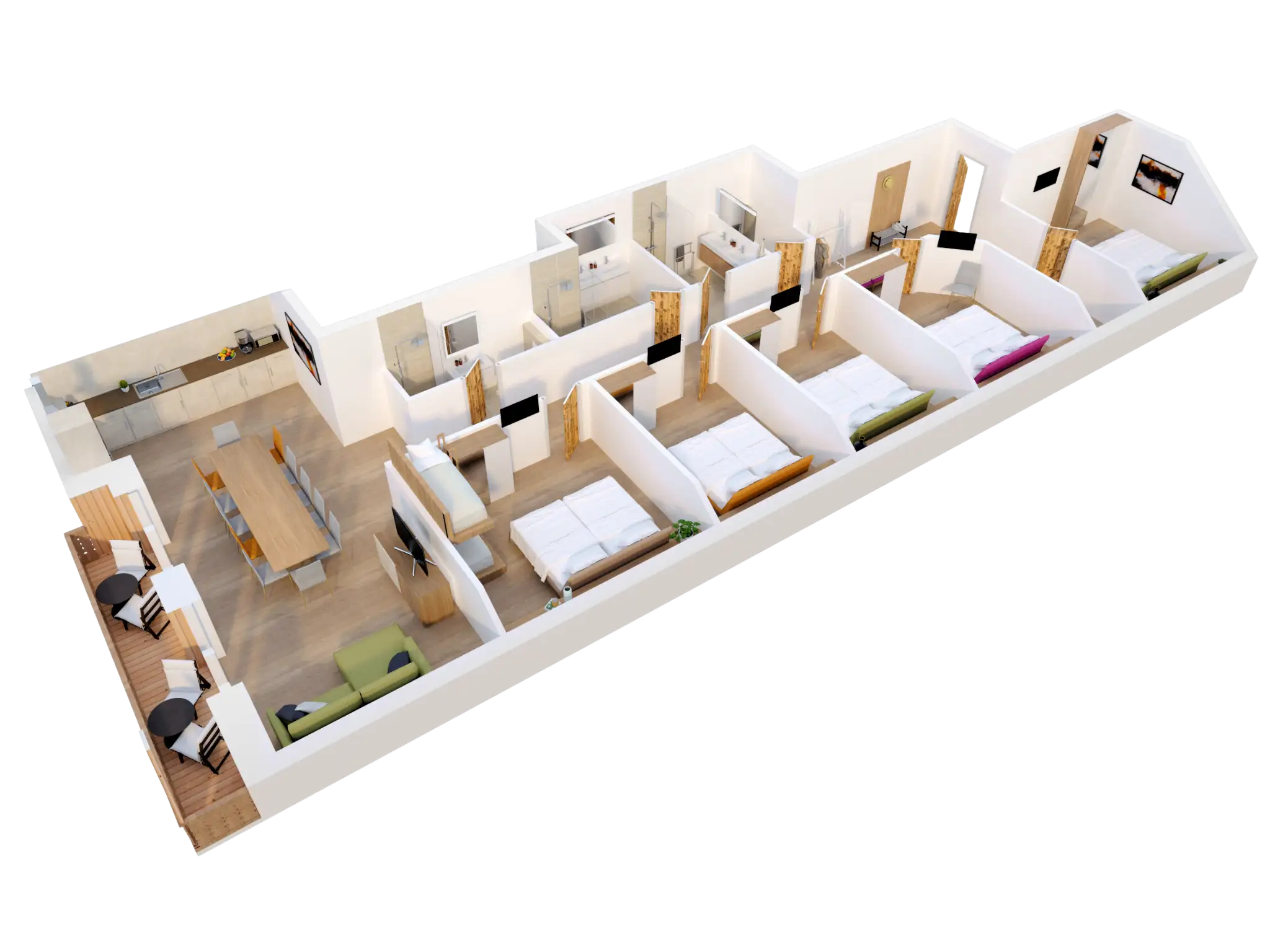 Pianta 3D di un appartamento con 4 camere matrimoniali, una camera con letti a castello, soggiorno e zona pranzo, cucina, balcone e 4 bagni/WC.