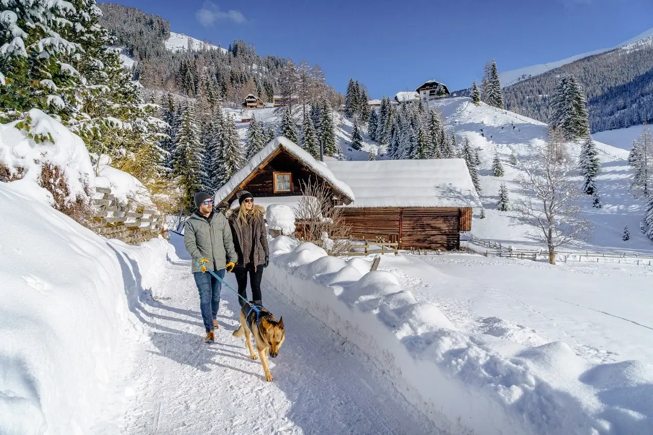 Zwei Personen spazieren mit einem Hund an einer Leine einen schneebedeckten, jedoch geräumten Weg entlang. Neben dem Weg türmt sich der Schnee und hinter ihnen liegt eine verschneite Holzhütte und Wälder.