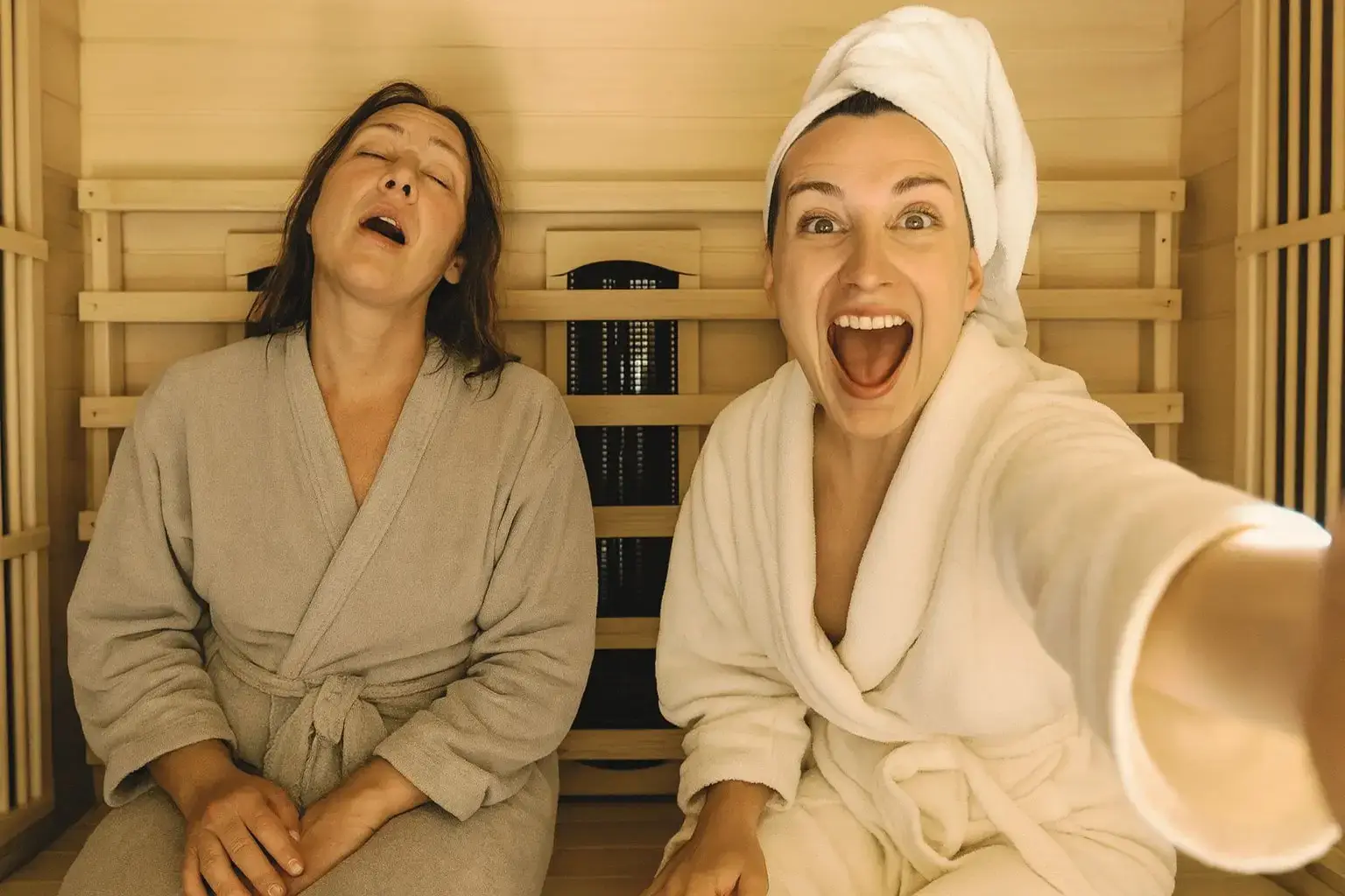 Dvě ženy si užívají relaxaci v sauně v hotelu COOEE alpin Hotel Bad Kleinkirchheim - ideální místo pro podzimní wellness dovolenou v Korutanských Alpách se saunou, relaxační zónou a čistou přírodou.