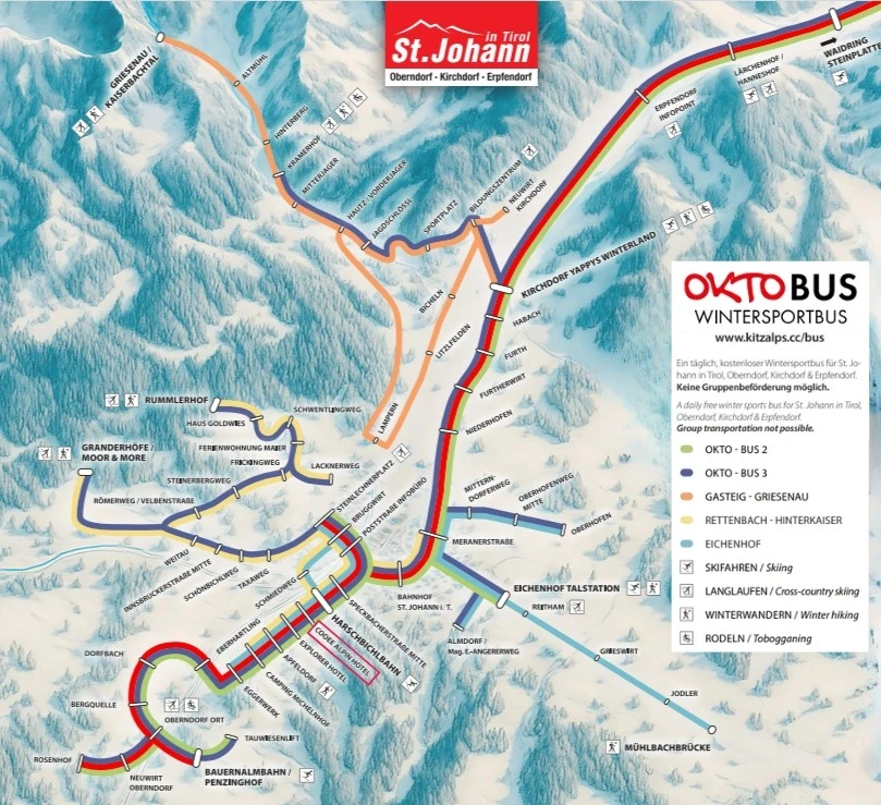 Fahrplan und Karte mit Haltestellen des Skibusses in der Region St. Johann in Tirol.
