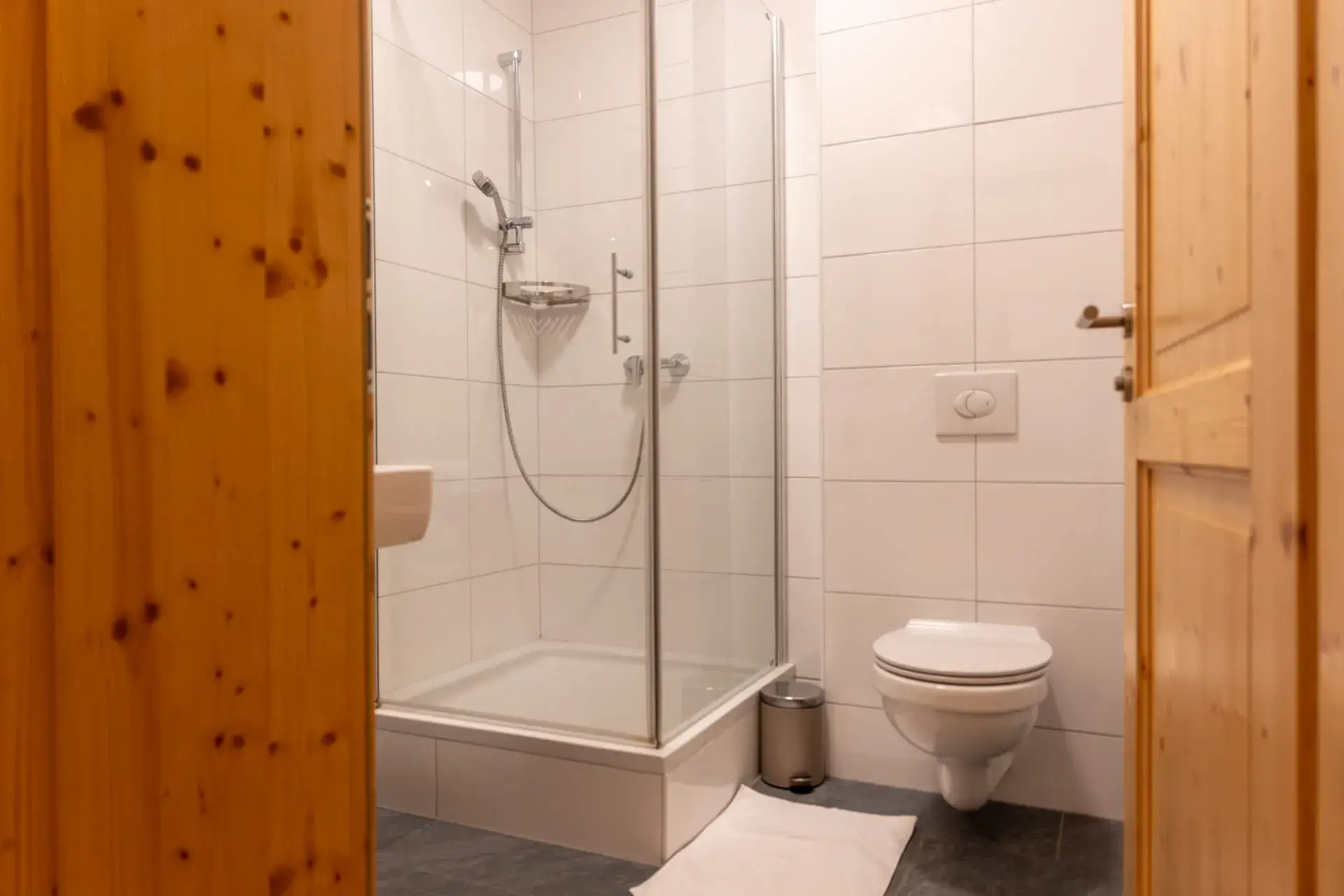 Bagno moderno nell'appartamento Toplitzsee dell'Ulmenhof, dotato di doccia, WC e piastrelle chiare.