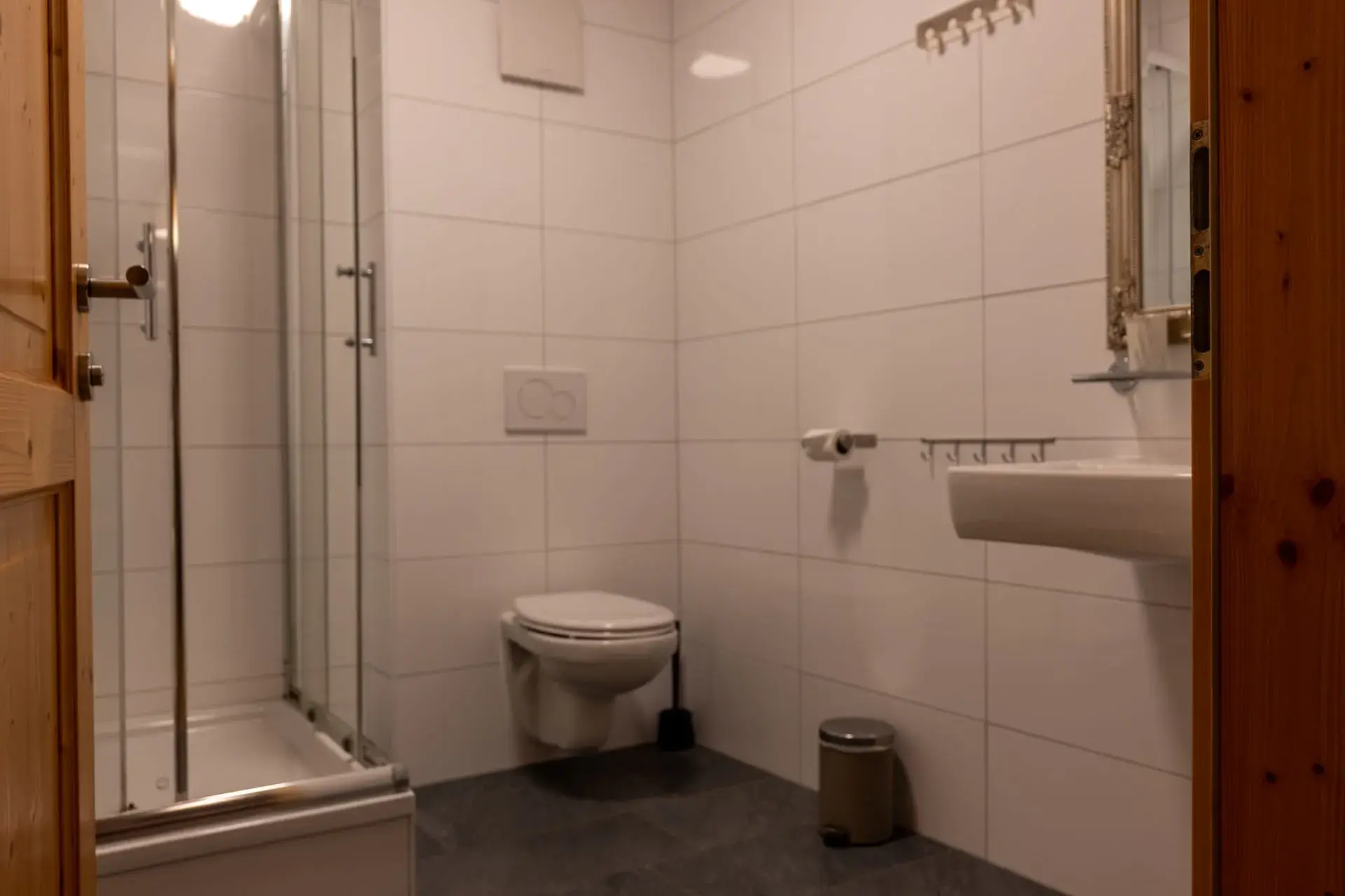 Modern bathroom in the Wolfgangsee Apartment at the Ulmenhof in Gosau, featuring a shower, toilet, and light-colored fixtures.