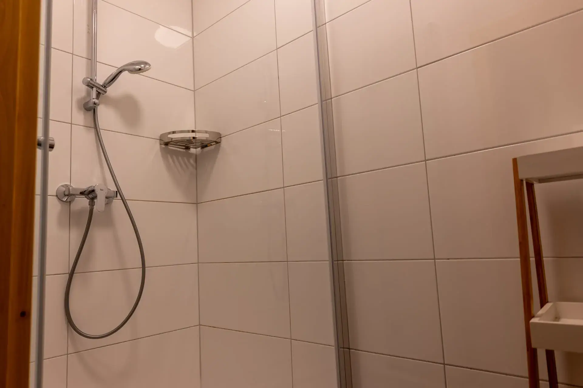 Moderní koupelna se sprchou v apartmánu Almsee v Gosau – komfortní prázdninový apartmán nedaleko jezera Gosausee, Hallstattu a Dachstein .